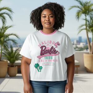 Barbie Malibu Crop Top XXL Womens White Pink Shirt Embroided Tee Movie Short